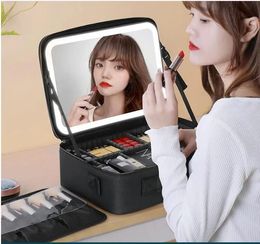 Sacs LED HD Mirror Makeup Rangement Boîte de rangement cosmétique Organiser le sac de maquillage sacs pour femmes Smart LED Light Mirror Trave