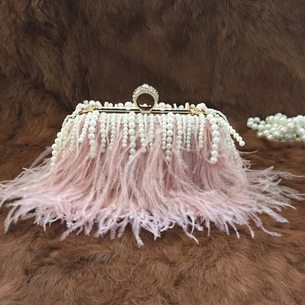 Sacs Luxury Real Autruch Feathers Hands Mands Sacl Sac de soirée Pouchure pour femmes Purse Pink Diamond Green Diamond Party Messenger Sac de messager