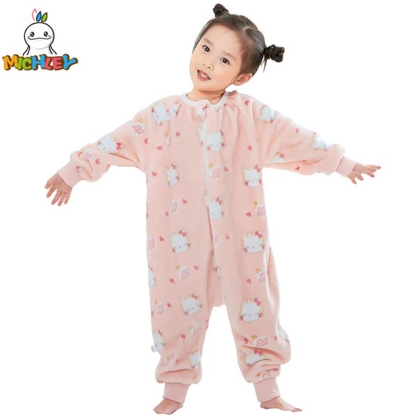 Sacs Michley Pink Cat Flannel Baby Kid Sleep Sleep Sac Sac Winter Sleeping Sleeping Bodys Bodys SleepSack Pyjamas avec Feet Boys Girl