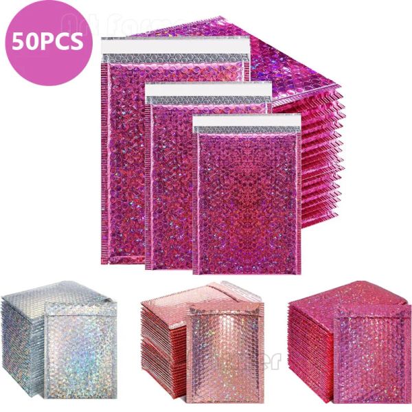 Sacs nouveaux 50pcs / pack laser rose rouge emballage d'expédition Bubble Mailer Gol Foil enveloppe en plastique enveloppes enveloppe
