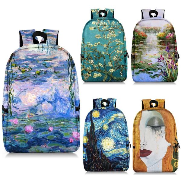 Sacs Huile Paindre des lys d'eau / larmes / Sac à dos Starry Night Claude Monet Gustav Klimt Van Gogh Sacs d'école Backpacks de voyage