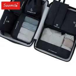 Sacs Emballage Cube 7pcs Set Black Travel Suitcase Sac de rangement pour femmes Vêtements Chaussure Organisateur de compression Bougage Sous-vêtements Washing