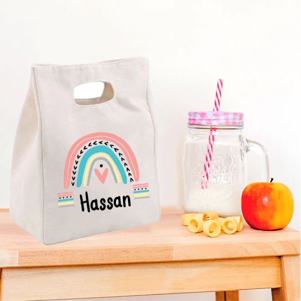 Sacs Sac à lunch pour enfants personnalisés Imprimé arc-en-ciel Nom personnalisé sac fourre-tout