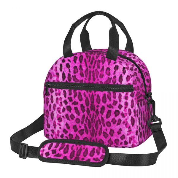 Sacs sacs à lunch isolés de léopard rose pour femmes imprimement de peau d'animaux portables de nourriture fraîche thermique bento box de camping en plein air