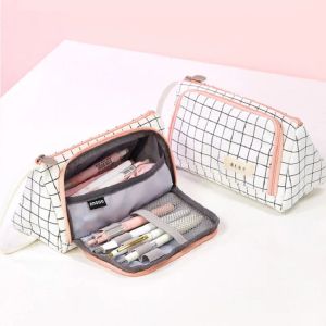 Tassen geruite potloodkaste tas multi -layer grote capaciteit opbergzak Stationaire penhouder organisator Student Pencil Case School Supplies