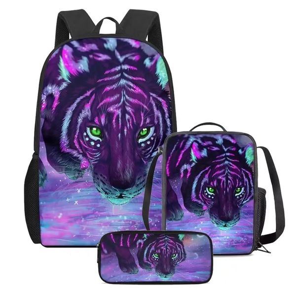Sacs Purple Tiger Print Kids Backpack Lightweight Daypack Set 3 Pieces avec Sac à lunch Cas pour les adolescents Girls Boys School Sac