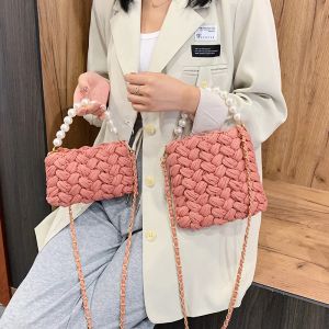 Tassen portemonnees en handtassen handgemaakte katoenen gehaakte dameszak parelketen mini draagbare schouder/crossbody tas