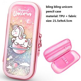 Tassen drijfzand en eenhoorn potloodkastje bling tpu pen doos voor meisje snoep kleurstationery school benodigdheden gum pouch houder cadeau