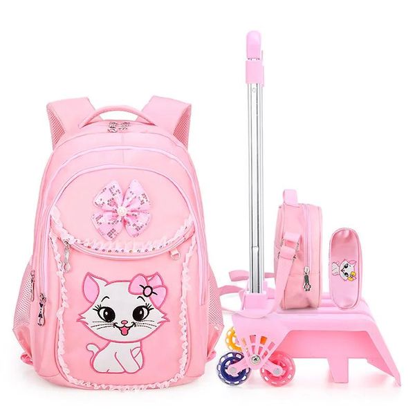 Sacs amovibles pour enfants amoureuses Sacs d'école chariot école sac à dos Set Wheel School Sac Grilles Cat Cartoon Kids Backpack Princess Schoolbag