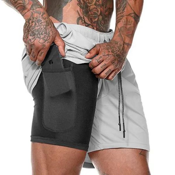 Bolsas Pantalones cortos para correr Ropa deportiva para hombres Pantalones cortos de dos pisos 1 Pantalones de playa Gimnasio de verano Entrenamiento físico Correr deportes Pantalones cortos con bolsa