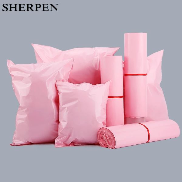 Bolsas sherpen 50pcs rosa rosa liviano bolsas de envío de plástico sobres impermeables sobres auto sello post bolsas espesas bolsas de mensajería