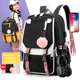 Sacs Shujin grand sac à dos pour les adolescentes USB Charging Toilebag Student Bookbags Fashion Black Teen College