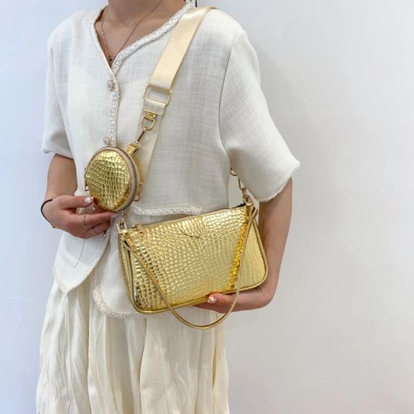 Bolsas pequeñas bolso de hombro para mujeres de satchel 2 piezas Bolso de mensajero para mujeres bolsos de oro con bolso de monedas redondas cocodrilo