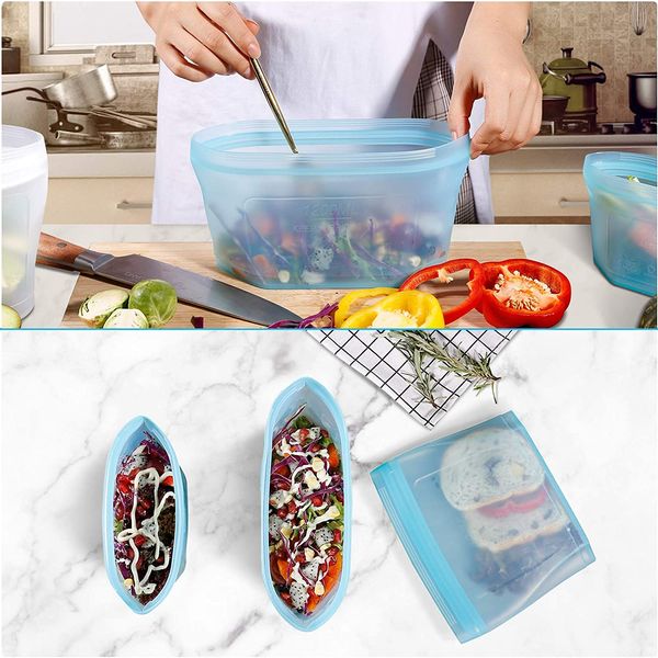 Contenedor de alimentos reutilizable, bolsas de silicona, conjunto de contenedores de almacenamiento, tazón fresco, cremalleras de pie, bolsa cerrada, taza de frutas y verduras con organizador de sellos