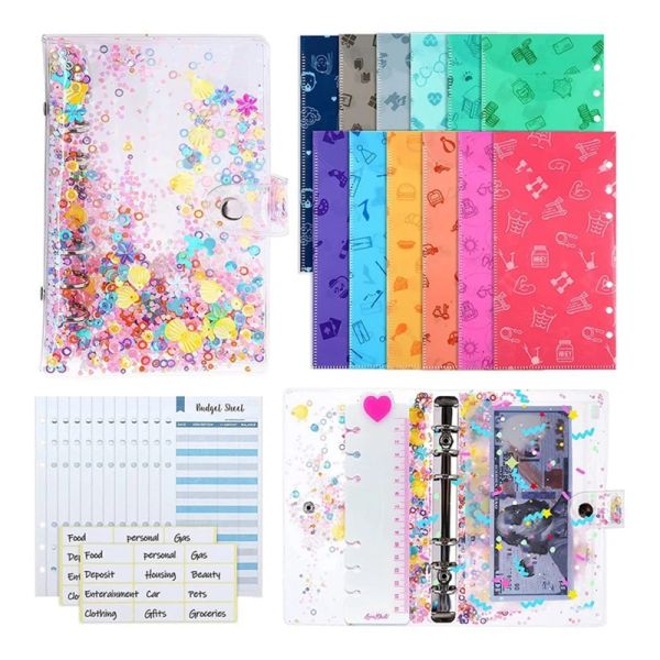 Sacs Sweet Sequins A6 Binder Budget Planner Binder W / Zipper Budget Enveloppes Feuilles budgétaires d'autocollants pour SPARATION SCOLAIRE