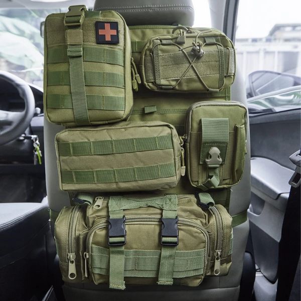 Sacs Tactical Car siège avant arrière Sac de rangement / sac de suspension Organisateur de panneau de molle avec 5 sacs, s'adapte universelle à tous les véhicules, jeep, camion, SUV