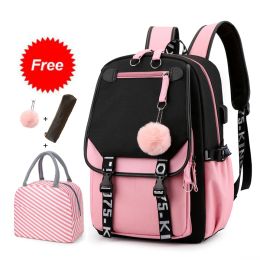 Tassen Teen Girl School Backpack met USB -oplaadhaven 15,6 inch laptopzak Waterbestendige Nylon School Bookbag Nieuw 2023