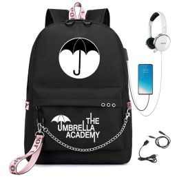 Tassen The Umbrella Academy Teenage Girls Backack Studenten School Tassen Patroon Kinderbag Mochilas USB -oplaadboektas