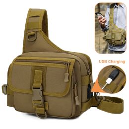 Bolsas Bolso de hombro táctico con carga USB, bolsa de aparejos de pesca con eslinga multifuncional, riñonera, bolsa para señuelos de peces, paquete de caza al aire libre