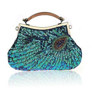 Tassen Vintage Dames Koppelingen Avondtassen met handvat Pauwpatroon Pailletten Kralen Bruids clutch portemonnee luxe mini handtas WY35