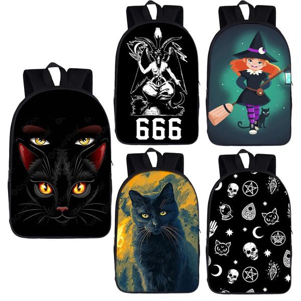 Sacs Sorcière Chat Noir Imprimer 666 Baphomet Sac À Dos Hommes Femmes Sorcellerie Voodoo Poupée Sacs À Bandoulière Adolescent Enfants Sacs D'école 16 Pouce