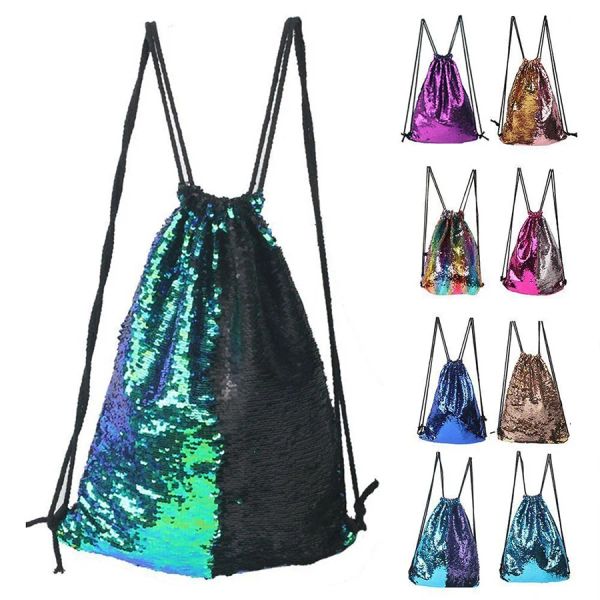 Sacs Femmes Shiny Sequin DrawString Backpack Girl Fashion Fashion Outdoor Student Preppy Style Glittering School Sac Sport Bag Mochil