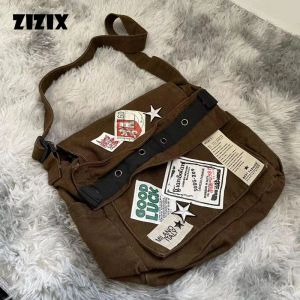 Sacs Y2K Messager Sac Brown Old School Style Star Patch Toivvas Étudiants Sacs d'école Street Cool Vintege Cross Body Body Books College