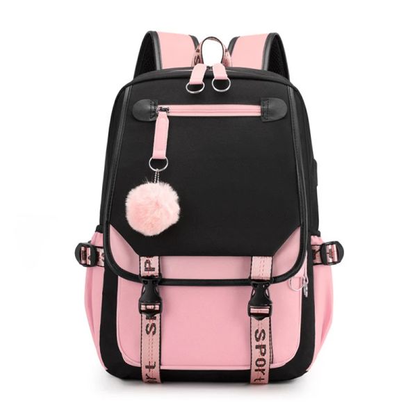 Sacs Yunfang Grands sacs d'école pour adolescentes USB PORT TELOVAS SCHOOLBAG Étudiant Bag Sac Fashion Black Pink Teen School Backpack