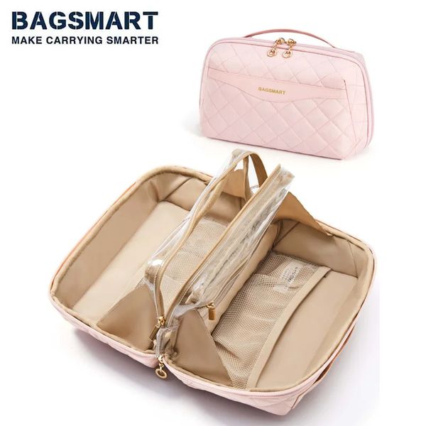 BAGSMART maquillage sac cosmétique voyage résistant à l'eau trousse de toilette pour femmes Portable mignon pochette ouvert plat maquillage organisateur sac 240104