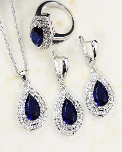 Bague Ringen Gota de agua en forma de zafiro plata 925 juegos de joyas para mujer piedras preciosas azules anillo pendientes collar pulsera boda M8157568