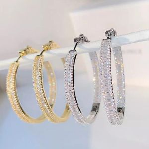 Baguette Prinses Cut Square Shaped Cubic Zirconia CZ Earring Iced Out Bling Classic 45mm Grote Cirkel Hoop Dames Jewlery Huggie