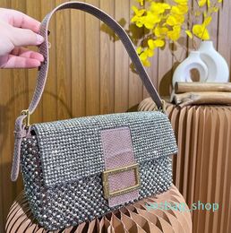 BaguetteHandShoulder-Monedero para axila, bolso para cena, bolso de cuentas trenzado con destello brillante a la moda, cartera tipo mensajero con cierre de Metal dorado y Diamante completo