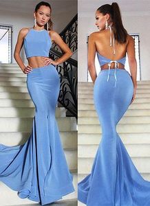 Bahama Blue 2 Stuk Mermaid Goedkope Prom Dresses 2019 Hoge Halter Cutaway Sides Open Back Evondjurken Elegante Formele Jurk Goedkope Party Robe