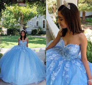 Bahama Blue 3D Flowers Prom Baljurk Quinceanera Jurken 2020 Borduurwerk Kralen Strapless Lace Up Sweet 16 Girls Party Graduation Jurk