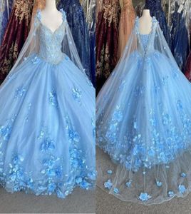 Bahama Bleu Fleurs 3D Robes De Quinceanera Avec Wrap Cristal Robe De Perles Robes De Soirée Classique Chérie Laceup Sweet 16 Robe 3903155