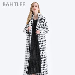 BAHTLEE Femmes Angora Long Manteau Motif Pied-de-Poule Pull Hiver Laine Tricoté Cardigans Pull Col Rabattu Manches Longues LJ201113