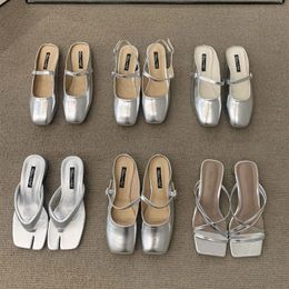 Bailamo monteren zilveren slippers ballet flats schoenen vierkante teen ondiepe slip op dames sandalen zachte glijbanen zapatos mujer 40 240321