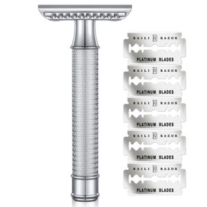 BAILI Maquinilla de afeitar de seguridad de doble filo Manual de metal inoxidable Afeitado húmedo reutilizable para hombres y mujeres con 5 cuchillas de platino Legend BRB3D 240127