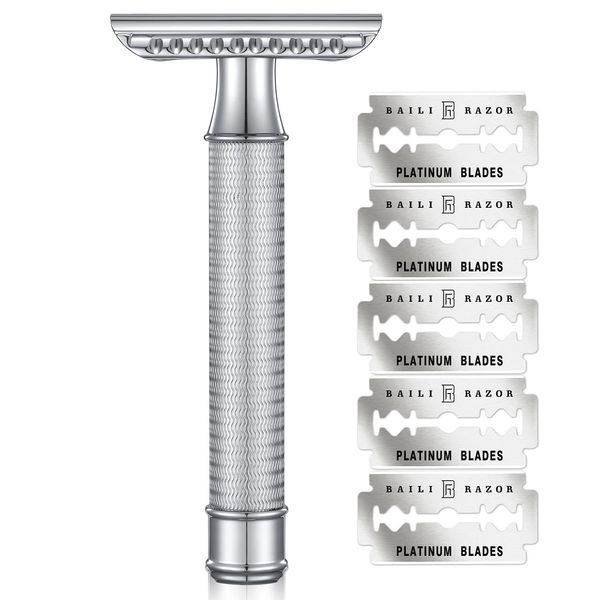 BAILI Maquinilla de afeitar de seguridad de doble filo Manual de metal inoxidable Afeitado húmedo reutilizable para hombres y mujeres con 5 cuchillas de platino Legend BRB3D 240314