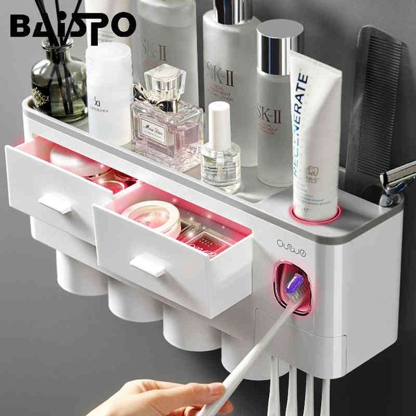 BAISPO Porte-brosse à dents à adsorption magnétique Distributeur automatique de dentifrice Support mural en plastique Support de rangement Accessoires de salle de bain 210322