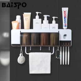 Baispo Wall Mount Dust-Proof Tandenborstelhouder met Cups Automatische Tandpasta Squeezer Dispenser Badkamer Accessoires Sets 210322