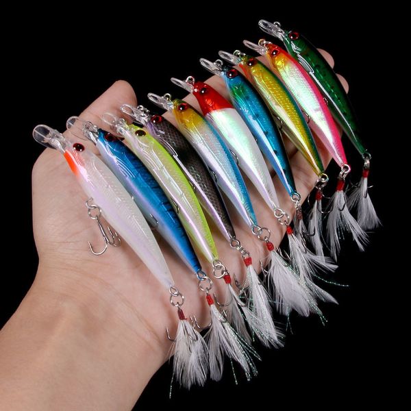 Appâts Leurres 10 pièces leurre de pêche au brochet 7.2g 9 cm vairon Wobblers appât dur avec crochet à plumes Isca appât artificiel pesca Tackle 230909