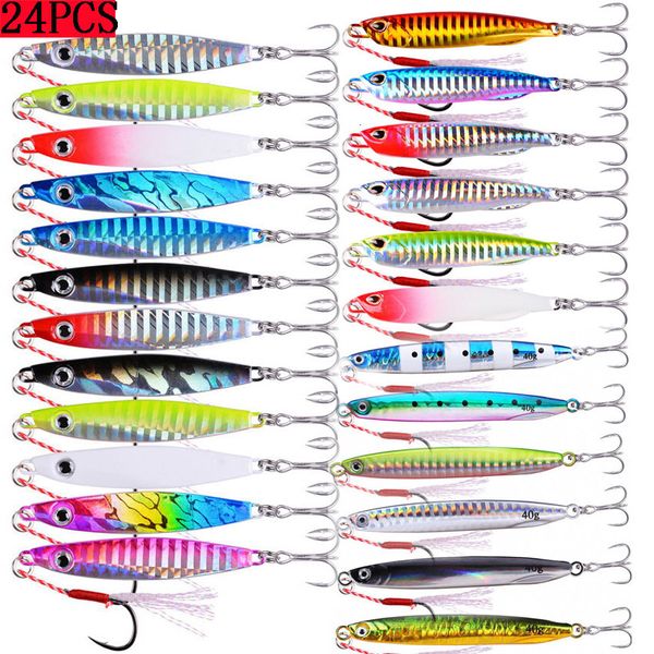 Cebos Señuelos 24 UNIDS Metal Jig Jigging Spoon Set 40G 30G 20G Shore Casting Jig Drag Cast Señuelo de lubina Cebo artificial Aparejos de pesca 230613