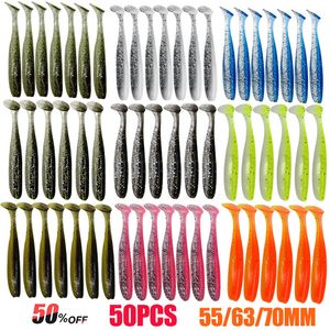 Appâts Leurres 50 pièces 70Mm leurre de pêche souple artificiel Silicone truite alose carpe ver coulant T queue gabarits Wobblers attirail 230206