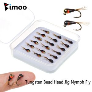 Appâts Leurres Bimoo 18pcs boîte 16 Tungstène Perle Tête Jig Nymphe Mouche Epoxy Queue De Faisan Évier Rapide Barbelé Mouillé Euro Pêche À La Truite 230809