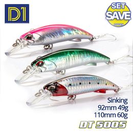 BAITS LURS D1 Fishing Sea Fournce à encanes Bât 92 mm 49g 110 mm 60g Jerk Minnow Bait utilisé pour la pêche au thon et aux dauphins à des profondeurs de 1,5-4,0m 230720