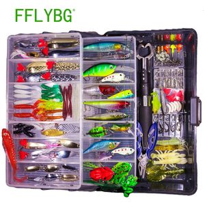 Baits Lures FFLYBG ensemble de leurres de pêche mixtes Kit d'appâts souples et durs Minnow cuillère à gabarit en métal accessoires de matériel avec boîte pour manivelle de brochet de bar 231214