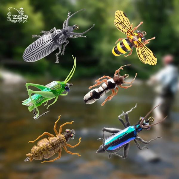 Cebos Señuelos Pesca con mosca Moscas Set 6pcs abejorro Saltamontes escarabajo cacho Señuelo de insectos realista seco para kit de trucha lucioperca pesca con mosca 231020