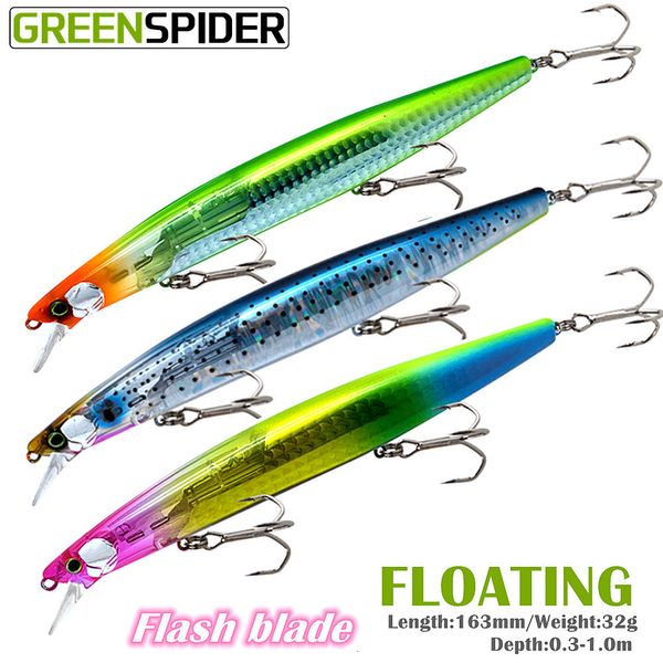 Appâts Leurres GREENSPIDER Long Flash Blade 16.3cm32g Pêche Minnow Flash Leurres Floatng Sea Bass Lure Bait Hard Floating Wobblers Crankbait 230619