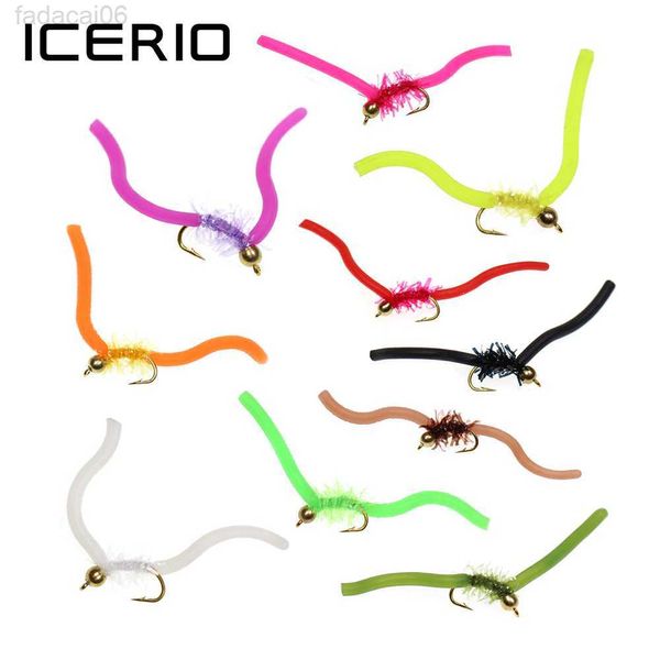 Appâts Leurres ICERIO 10PCS San Juan Ver Laiton Perle Tête Squirmy Wormy Nymphe Mouches Truite Pêche Mouche Leurre Appâts HKD230710